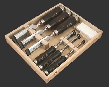 Coffret bois de 6 ciseaux  bois pour charpentiers + pierre - Bois de charme brun laqu - 10  40 mm