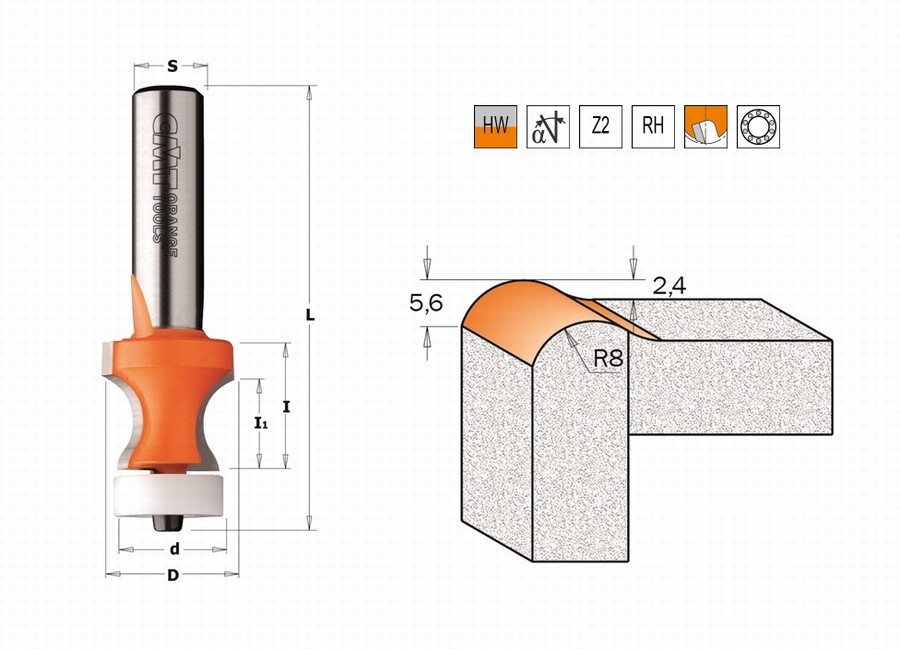 Fraise d'affleureuse avec roulement sur queue CMT Orange Tools