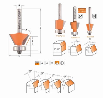 Fraise à chanfreiner CMT - Angle 22,5° - Queue de 12 mm avec roulement