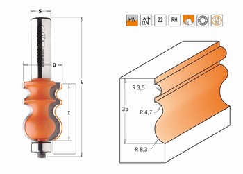 Fraise pour corniches  2 coupes concave - carbure - roulement