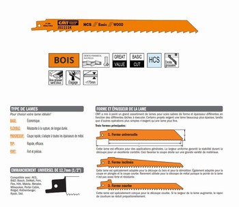 Lame scie sabre 225 mm  bois grossier, sans clous, bois de chauffage