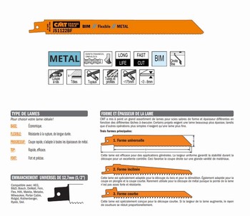 Lame scie sabre 225 mm  tle moyenne et paisse, tuyau et profil mince