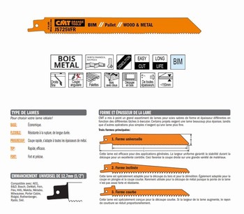 Lame scie sabre 225 mm  clous, tle, alu, plastique renforc, poxy