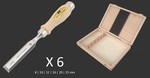 Coffret bois de 6 ciseaux à bois polie – manche rond en frêne huilé PREMIUM - 8 à 25 mm MHG